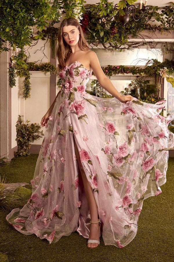 Andrea & Leo A1035 Portrait of a Rose Print Organza Slit Dress